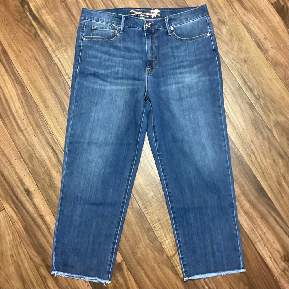 Seven7 Tower Straight Crop Women's Medium Wash Frayed Hem‎ Stretch Jeans Size 15